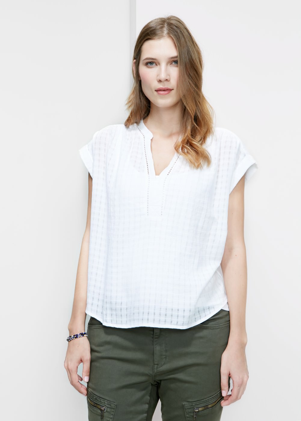 Top O-Frau Baumwollbluse Karomuster Mango Violeta