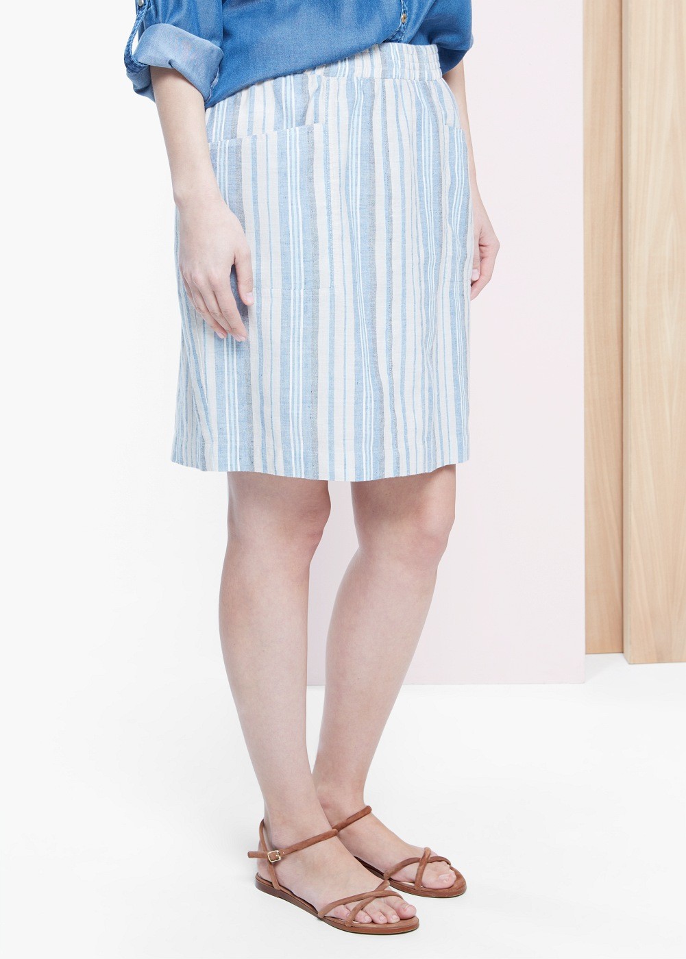 Rock O-Frau Rock gestreift Leinen-Baumwoll-Mix Mango Violeta